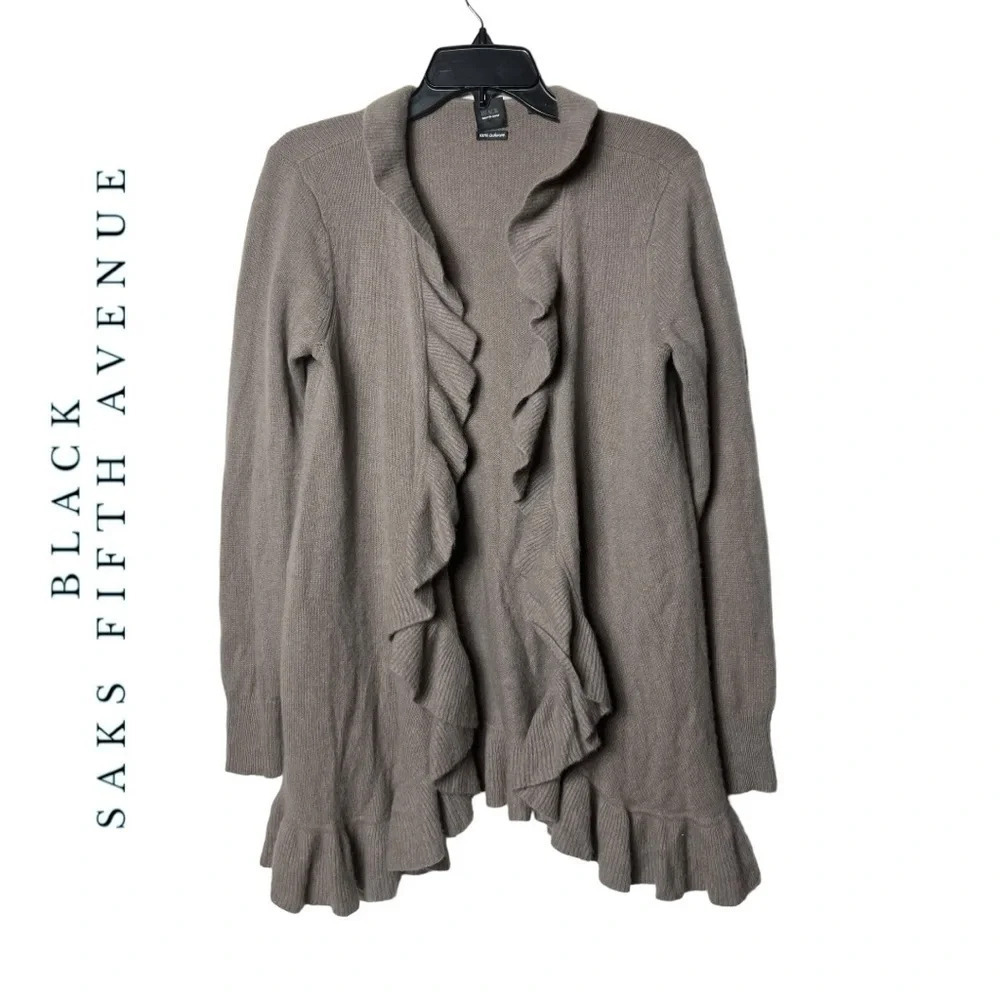 1754. BLACK SAKS FIFTH‎ AVENUE LONG SLEEVE RUFFLE 100% CASHMERE CARDIGAN SIZE LG